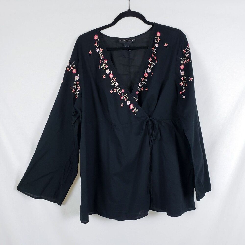 Venezia Cottagecore Peasant Wrap Top Womens 18/20 Black Floral Embroidery Boho - Picture 4 of 8